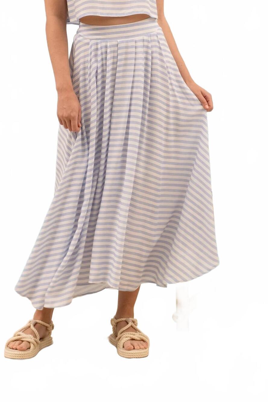 NEW BLU PEPPER stripe high waist pleated midi skirt in blue
